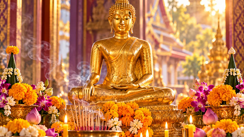 Golden Buddha statue surrounded by marigolds, lotus buds and candles