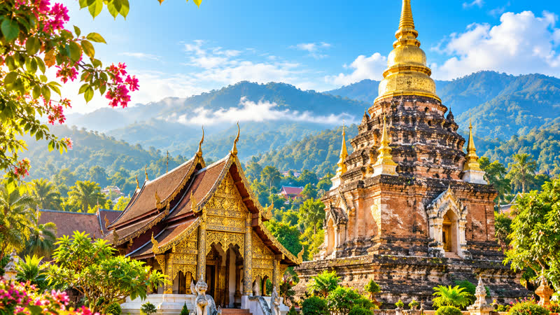 Golden temple and stone chedi in front of the mountains around Chiang Mai