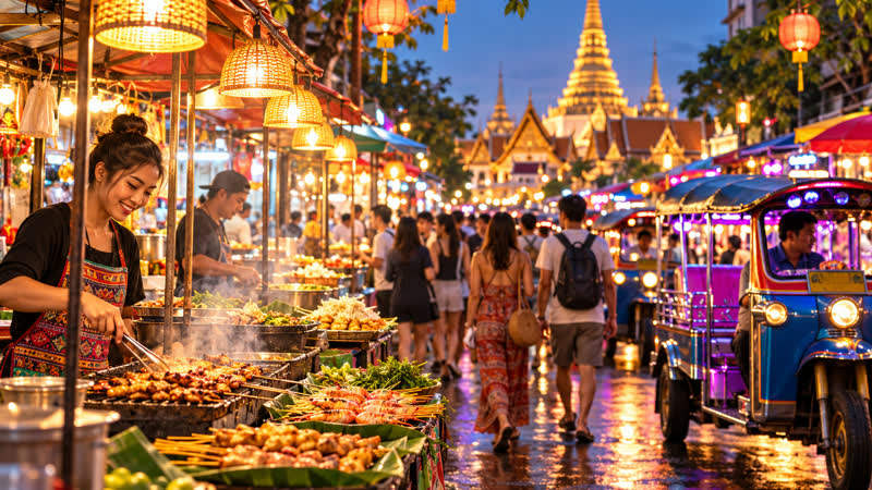 Night market street with food stalls leading to a golden temple