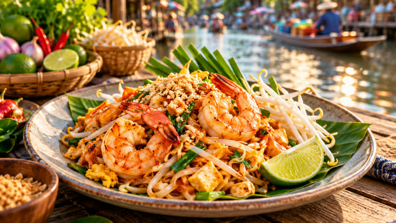 Plate of pad thai with prawns and lime at a floating market