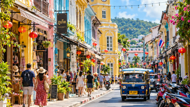 Pastel shophouses and a clock tower on a street in Phuket Old Town