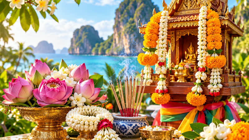 Spirit house hung with jasmine garlands, with lotus flowers and incense in front
