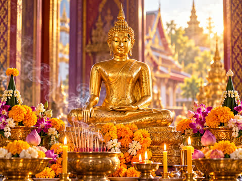 Golden Buddha statue surrounded by marigolds, lotus buds and candles