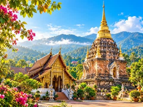 Golden temple and stone chedi in front of the mountains around Chiang Mai