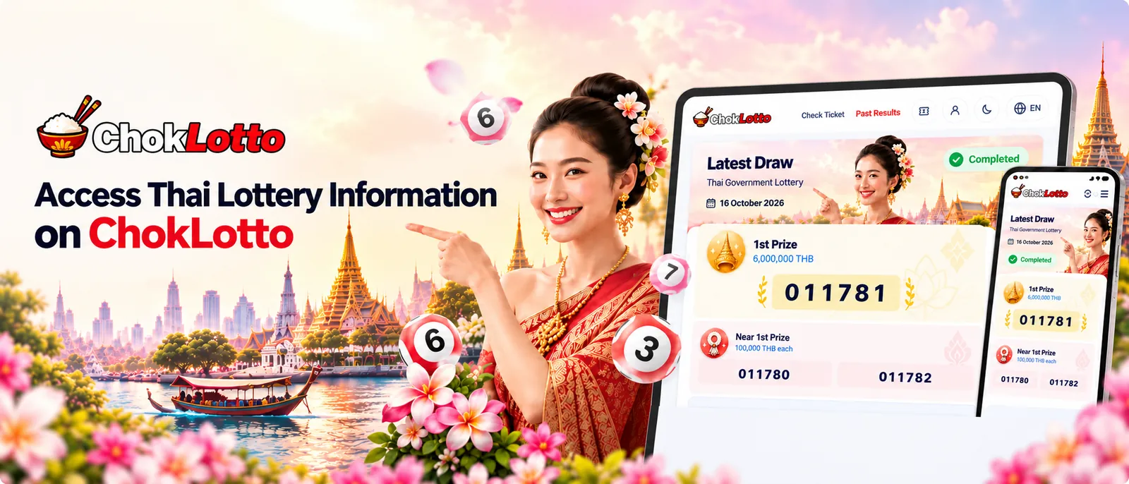 ChokLotto app showing the latest Thai Government Lottery draw, with a woman in traditional Thai dress pointing to the screen