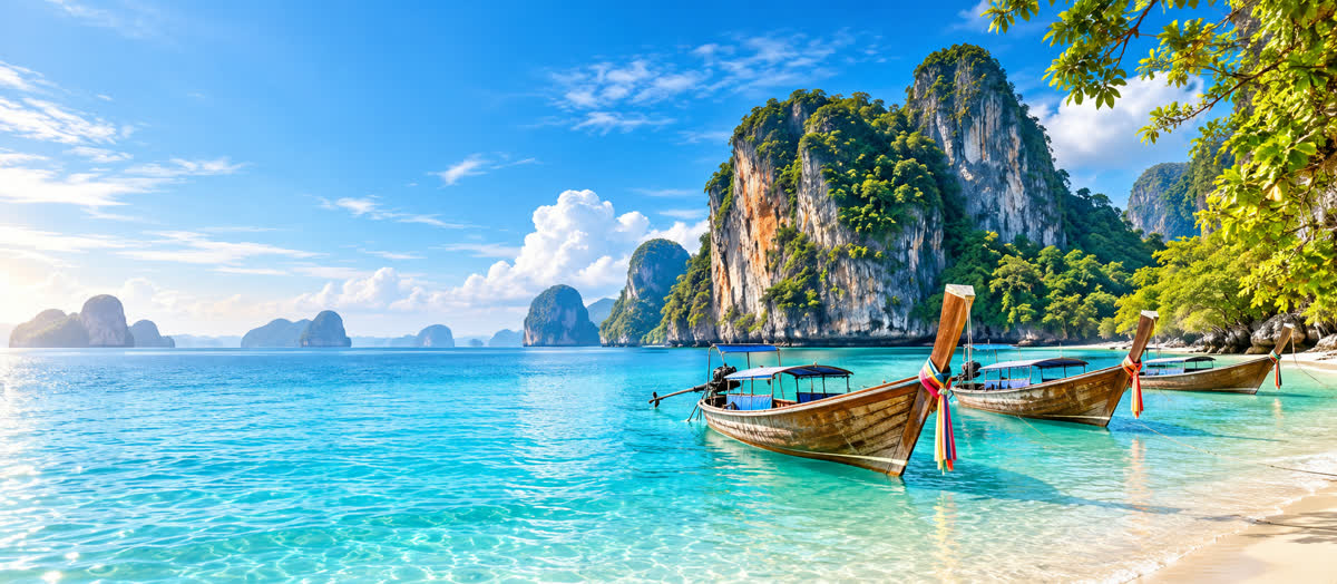 Longtail boats moored in a turquoise bay below limestone cliffs