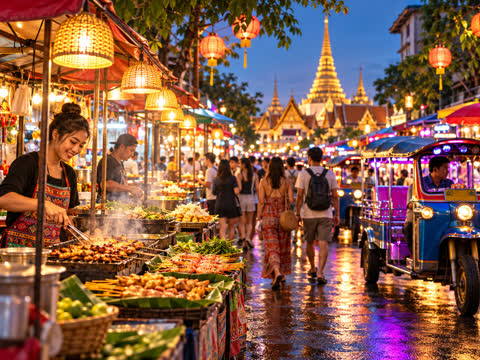 Night market street with food stalls leading to a golden temple
