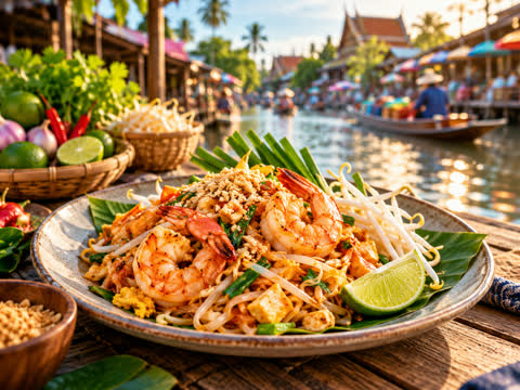 Plate of pad thai with prawns and lime at a floating market