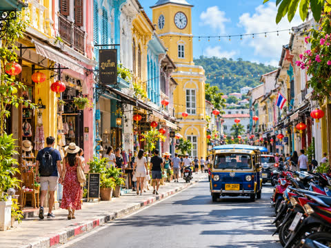 Pastel shophouses and a clock tower on a street in Phuket Old Town