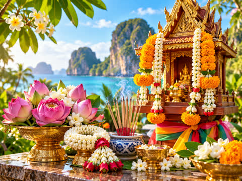 Spirit house hung with jasmine garlands, with lotus flowers and incense in front